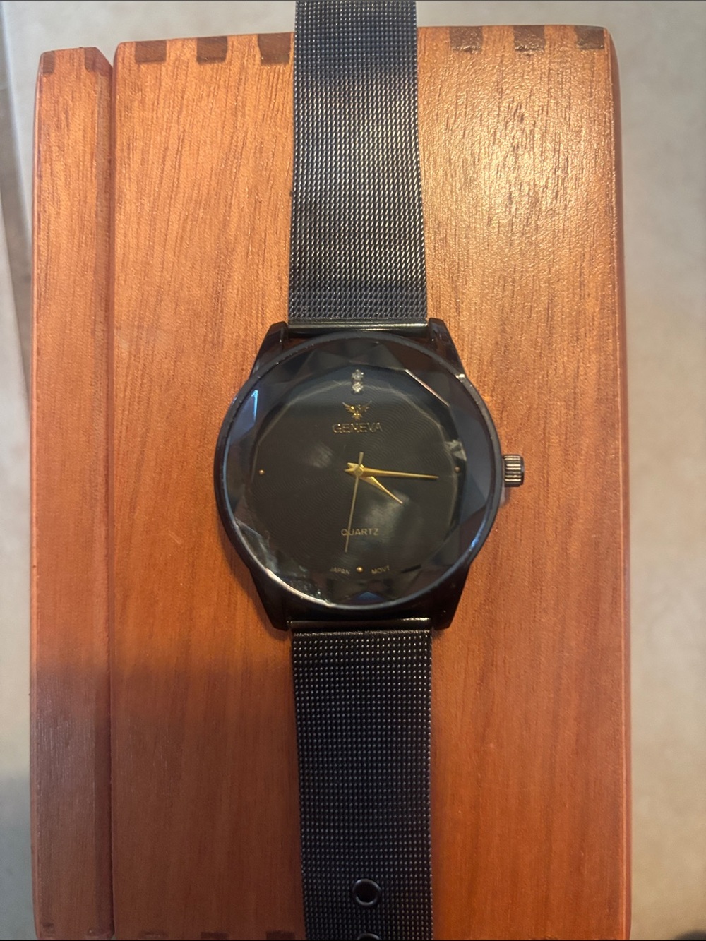 Geneva Black Mesh Strap Watch with Gold Accents